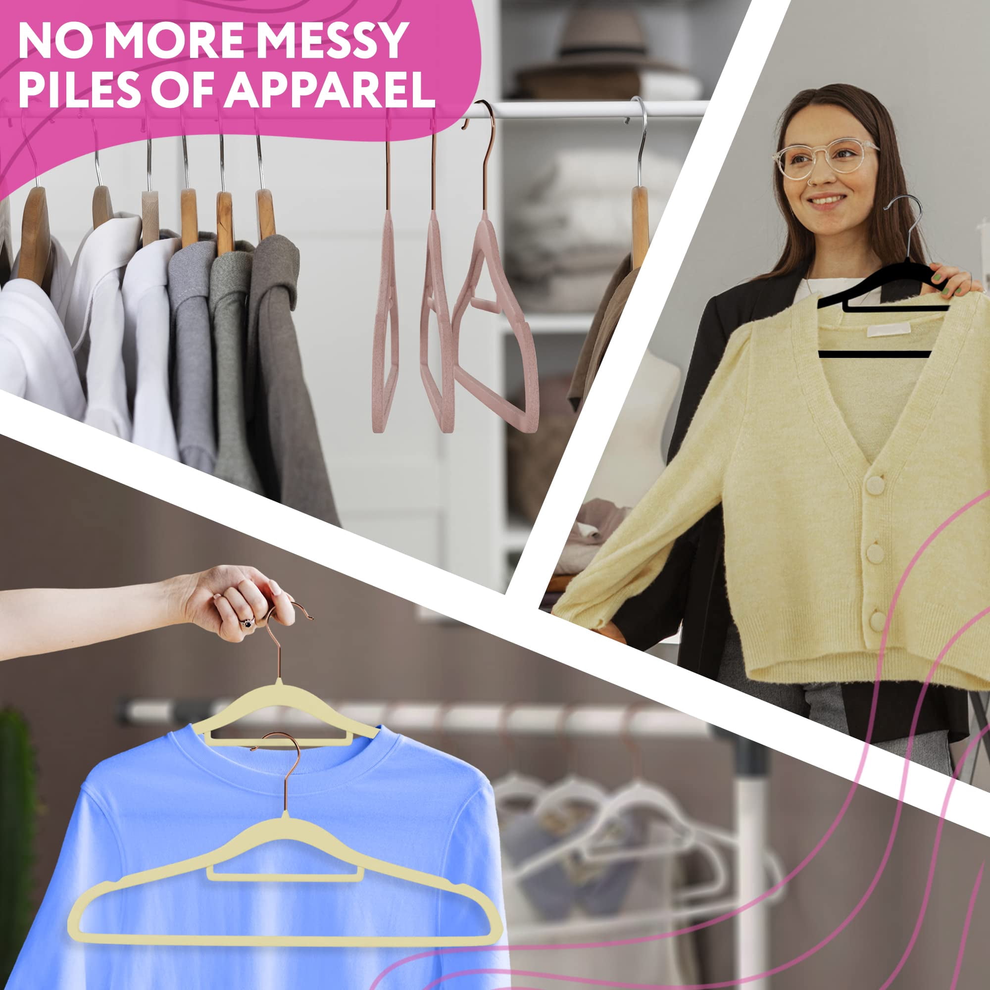 Rose Thin Velvet Hangers. Pack of 150 Non Slip Hangers with 360 Rotating Chrome Hook, Notched Shoulders