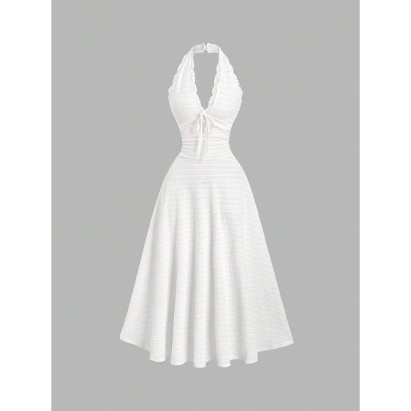 White Halter Neck Lace Trim Textured A-Line Ruffle Elegant Dress