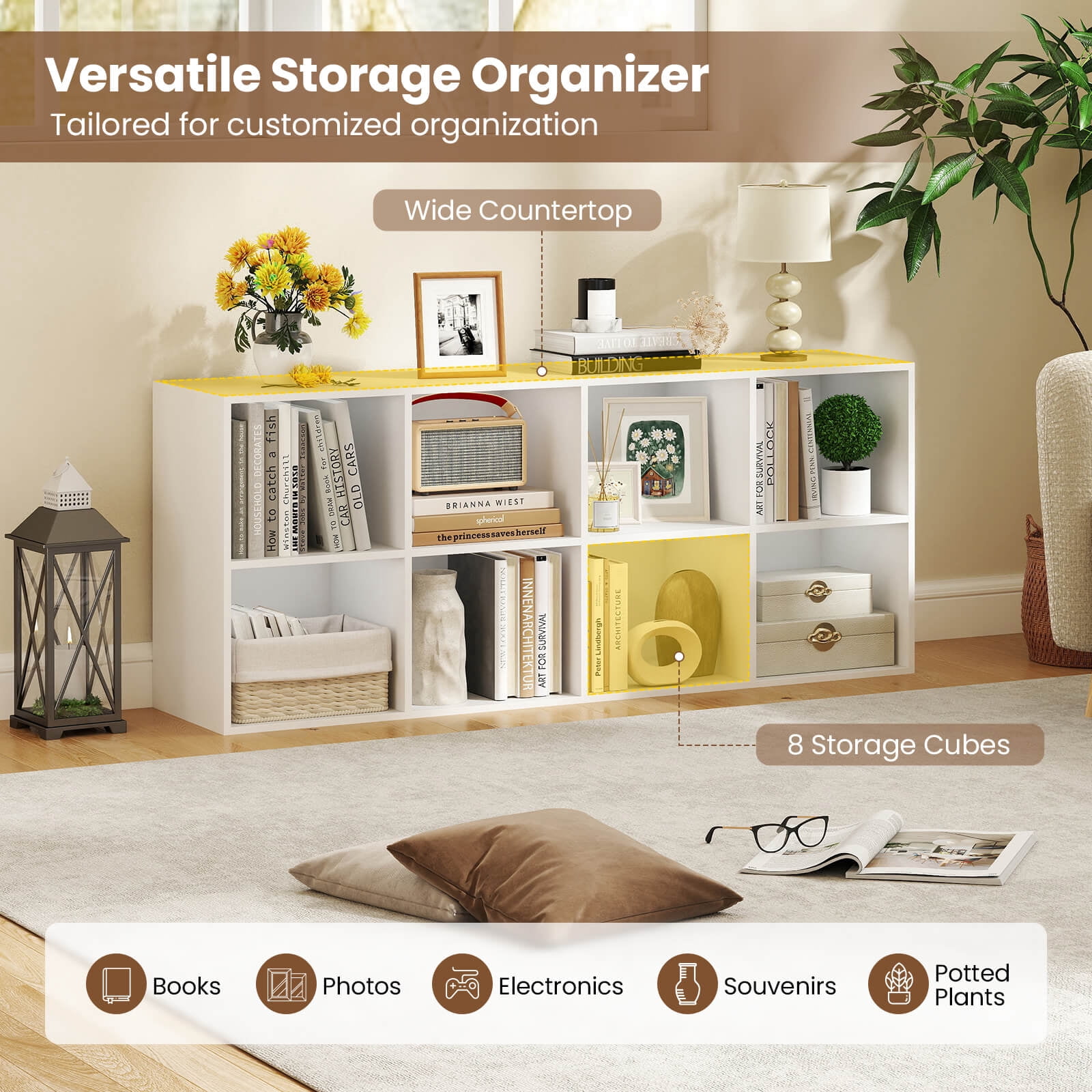 Costway 8-Cube Bookcase Bookshelf with 2 Anti-Tipping Kits Storage Organizer Rustic White