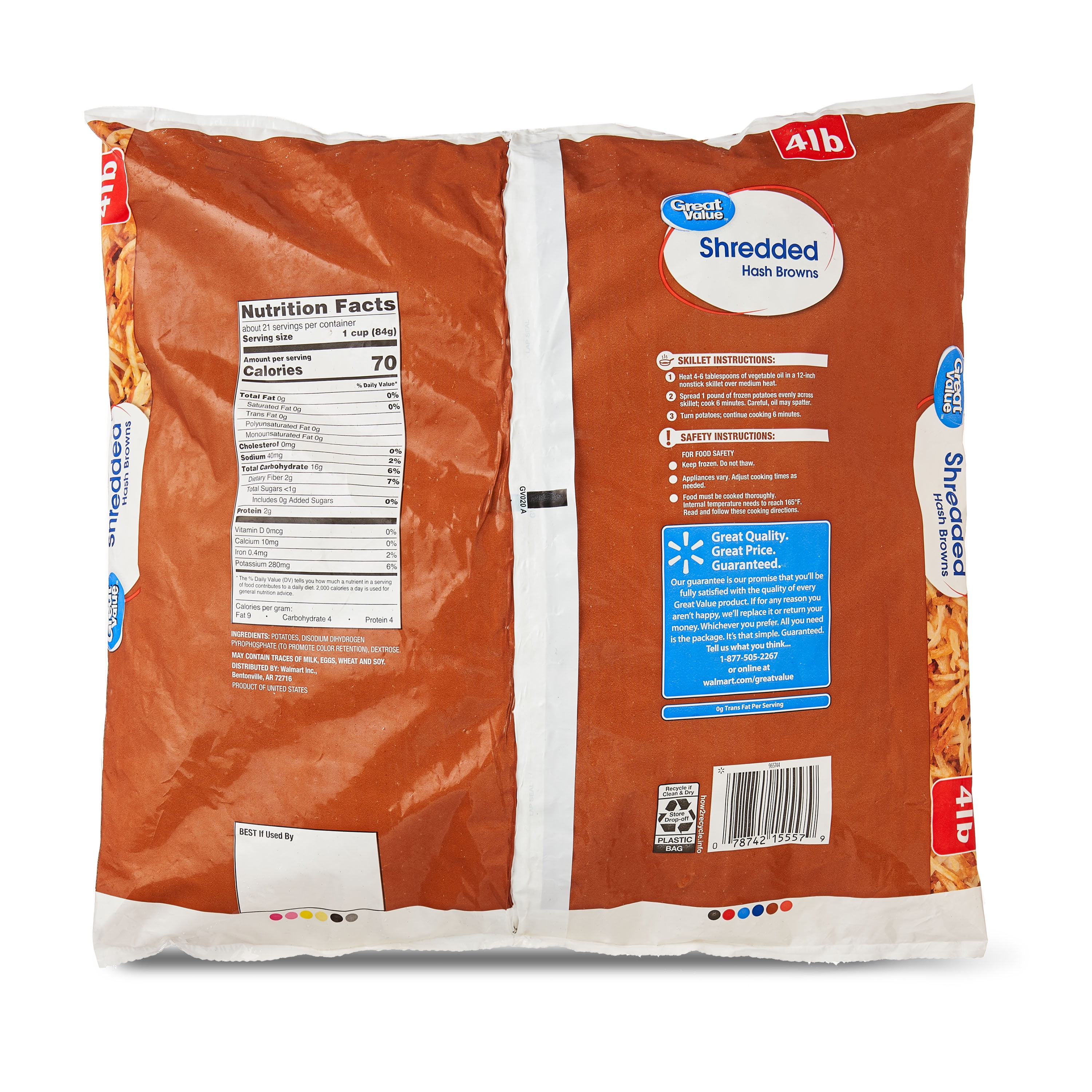 Great Value Shredded Hash Browns, 4 lbs Bag (Frozen)