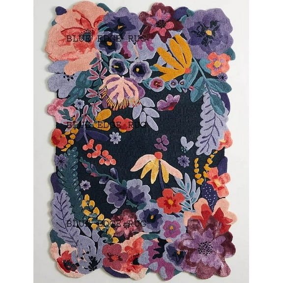 Jardin Hand-Tufted Navy Blue Floral Wool Area Rug – Irregular Rectangular Shape – Soft & Durable – Ideal for Bedroom, Living Room, Entryway & More