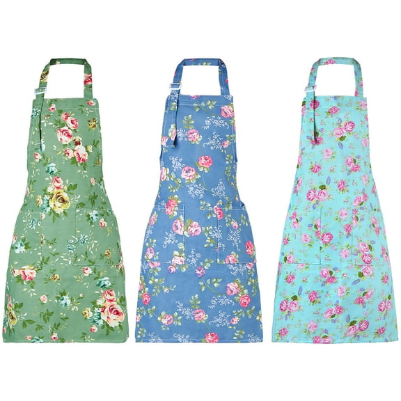 ABCPOW 3 Pack Floral Aprons with 2 Pockets,Adjustable Kitchen Cooking Aprons for Women Vintage Cute Rose Pattern Apron Chef Bakers Apron for Baking Gardening Apron Gift for Mom Wife Sister Grandma