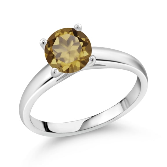 Gem Stone King 1.25 Ct 7mm Round Whiskey Quartz 10K White Gold Ring (Size 6)