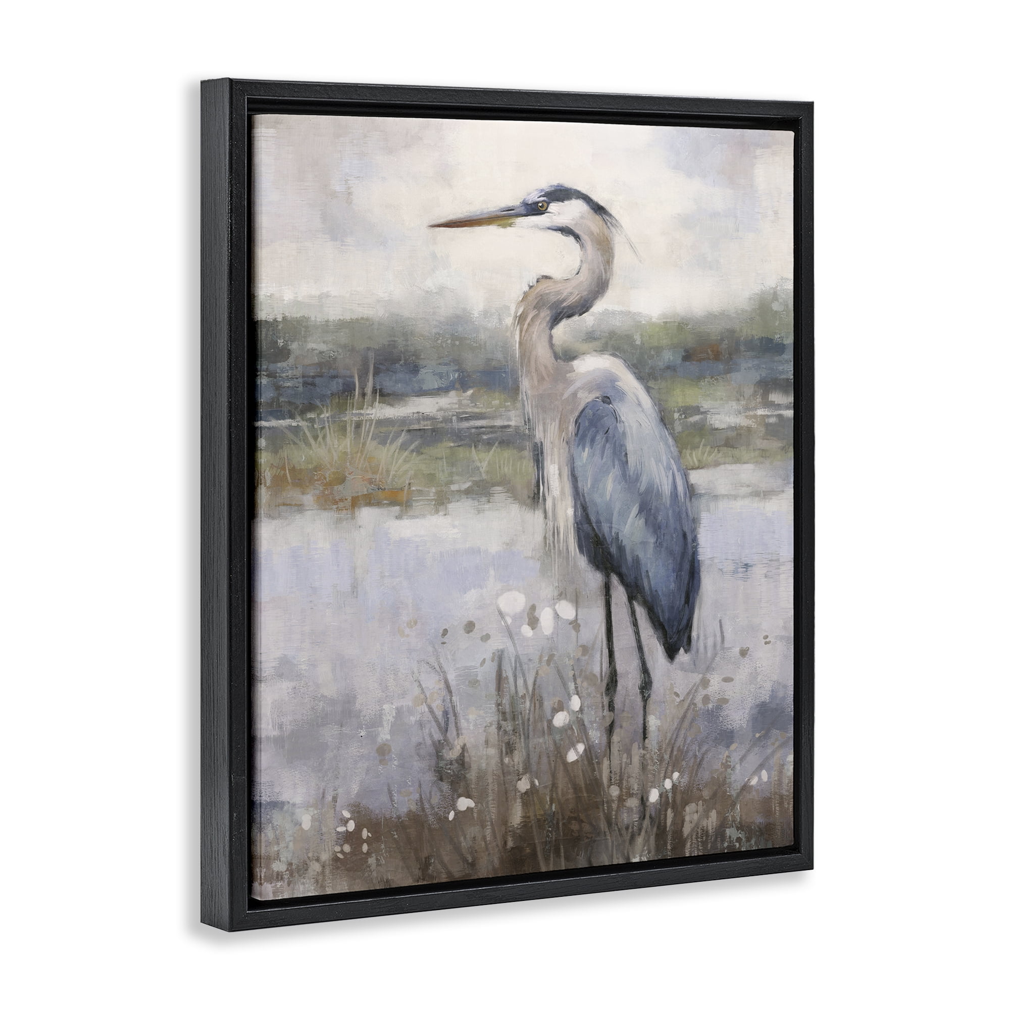 Stupell Industries Coastal Heron on Riverbank Landscape & Nature Painting Black Floater Framed Canvas Art Print Wall Art, 17 x 21