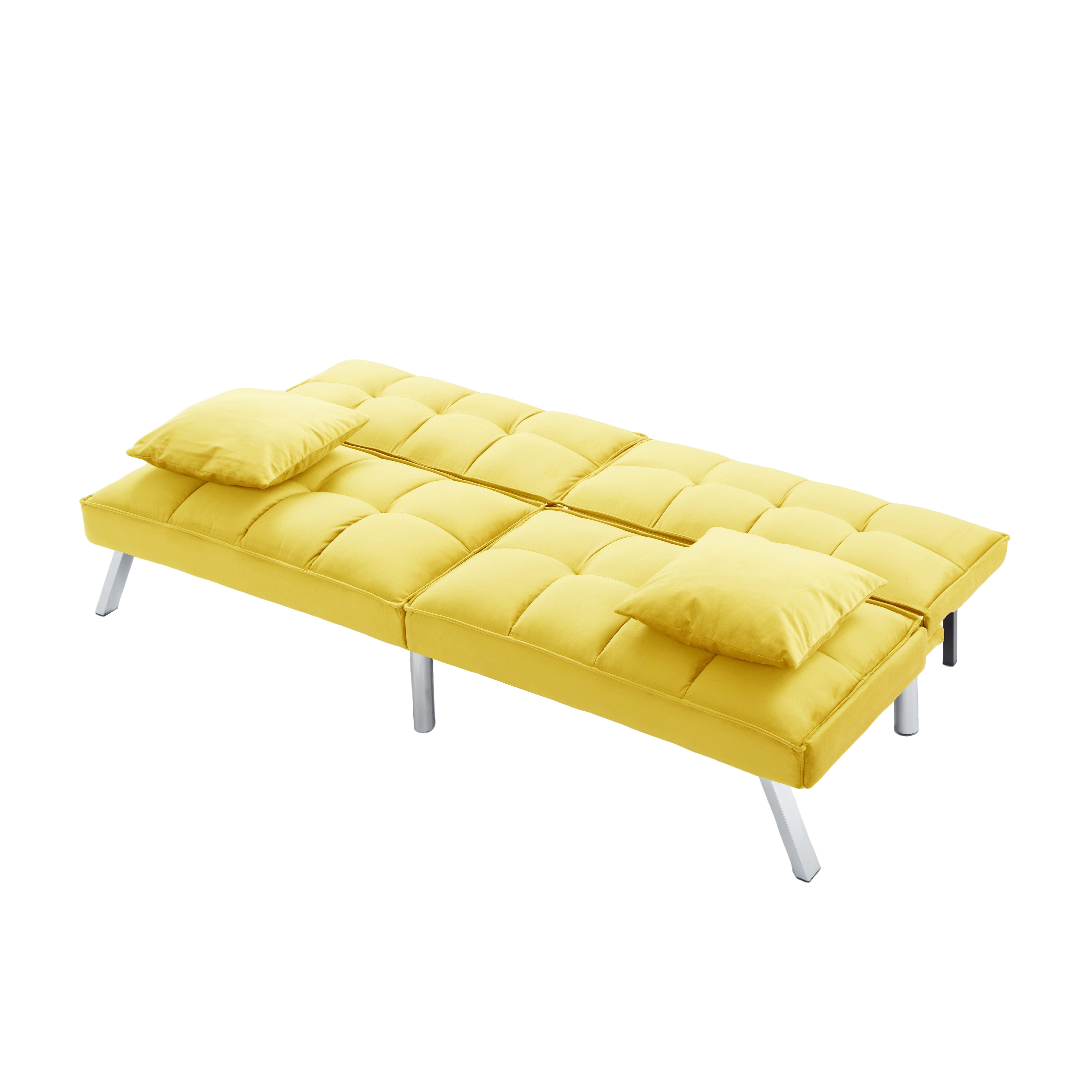 Gewnee 73”Velvet Futon Sofa Bed Convertible Sleeper Sofa with Split-Back 5 Adjustable Angles,Metal Legs & 2 Toss Pillows for Living Room,Office,Guest Room.Yellow