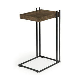 L-Shaped Medium Brown Wood Side Table With Black Metal Frame L-Shaped Medium Brown Wood Side Table With Black Metal Frame