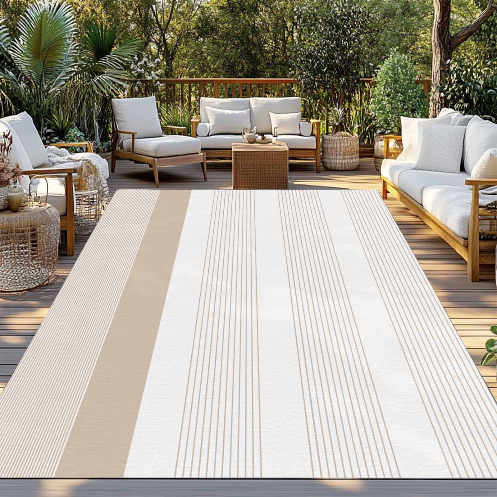 5' x 7' Outdoor Rug, Brown Stripe Outdoor Washable Rug Large Floor Carpet, Modern Rustic Horizontal Brown Striped Non Shedding Area Rug for Outside Patio RV Porch Deck Balcony Camping Living Room