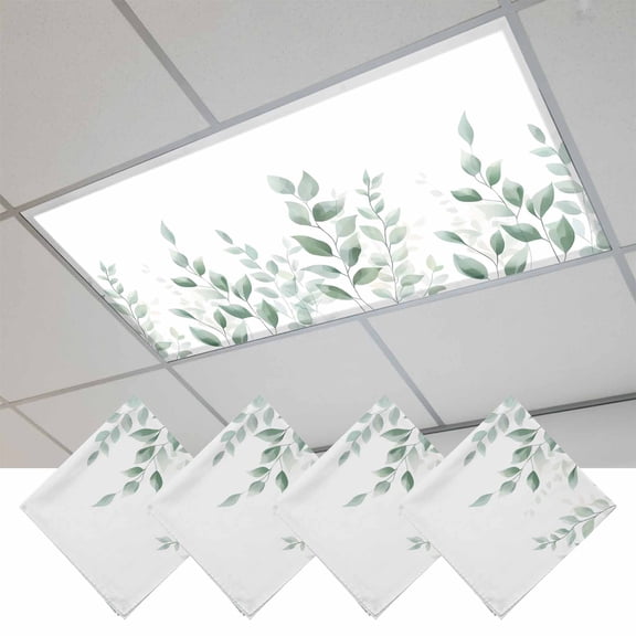 Sage Green Botanical Fluorescent Light Covers, Pastoral Leaf Watercolor Magnetic Light Covers for Ceiling Lights, Fluorescent Ceiling Shade Filters for Classroom Bedroom Office 4x2Ft x 4PCS