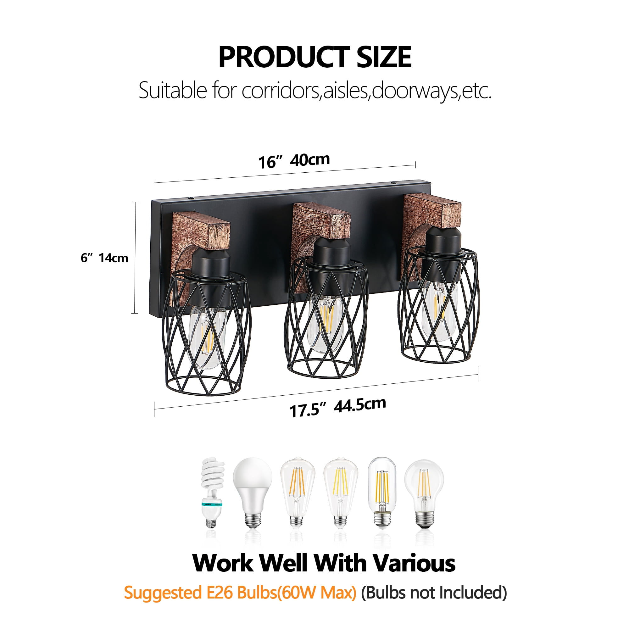 Miniyam 17.5 in. W 3 Lights Vanity Light Industrial Walnut Black Wall Sconce Black Cage Lighting Fixture for Bathroom Over Mirror, E26, No Bulbs Included