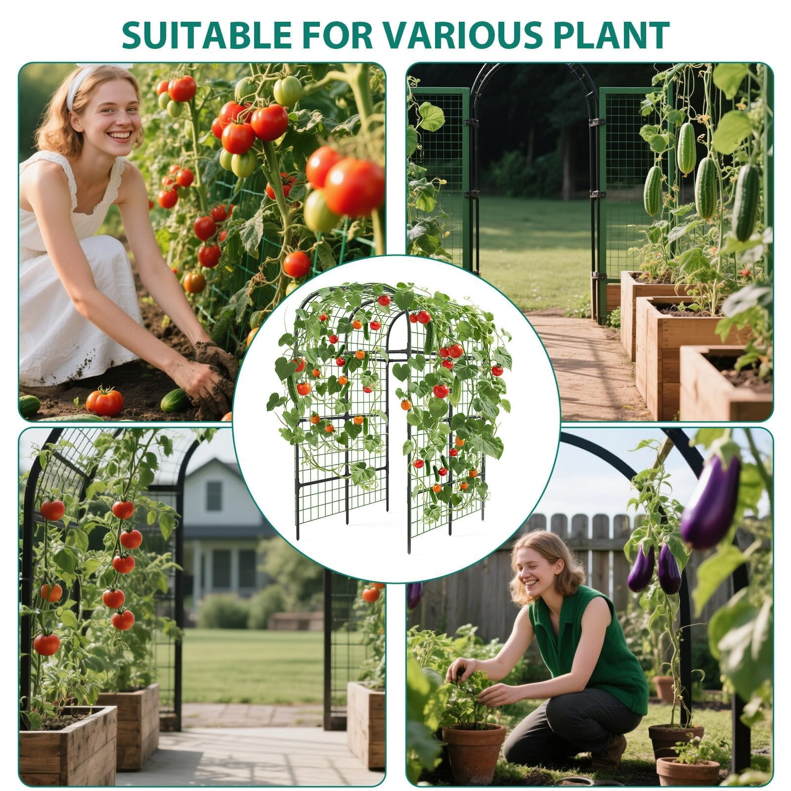 7.3Ft Black Metal Garden Arch Trellis, Climbing Plant Support Frame for Raised Vegetable Bed
