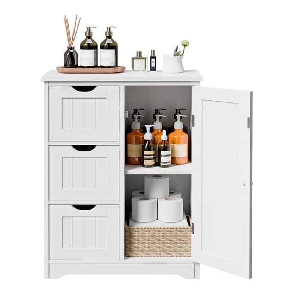 Bathroom Floor Storage Cabinet w/3 Drawers Adjustable Shelves Freestanding White