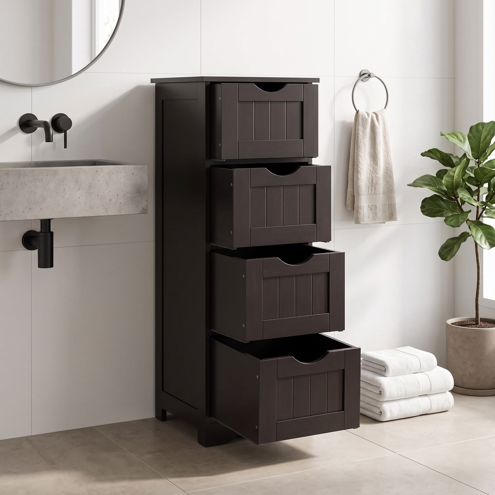 Fenbeli 4-Drawer Freestanding Floor Cabinet, Wooden Bathroom Storage Side Organizer with Anti-Toppling Device, Narrow Waterproof MDF Storage Tower for, Dark Brown
