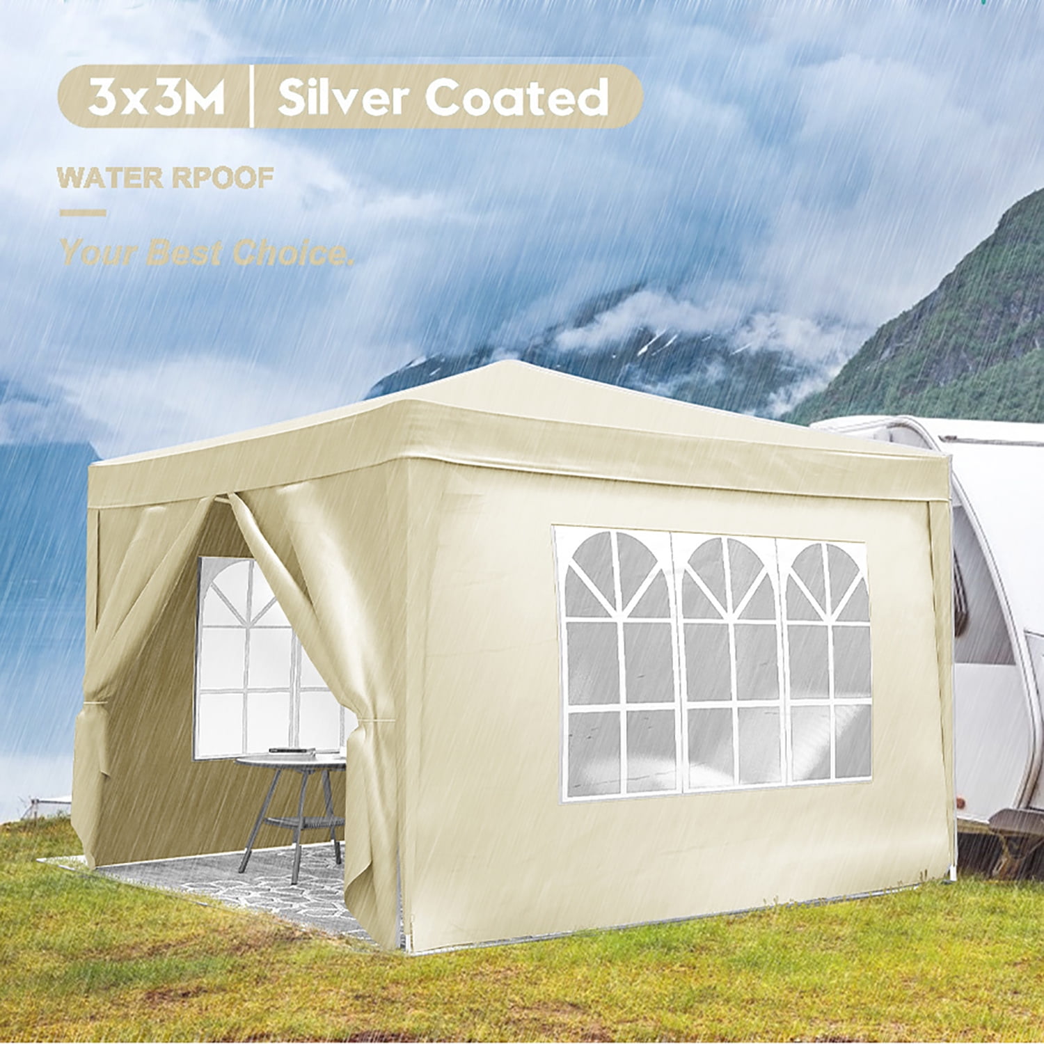 Aimee Lii 120"x120" Pop Up Tent, Backyard Canopy Gazebo with Sidewalls, Outdoor Patio Awnings for Party Camping BBQ Events, Beige