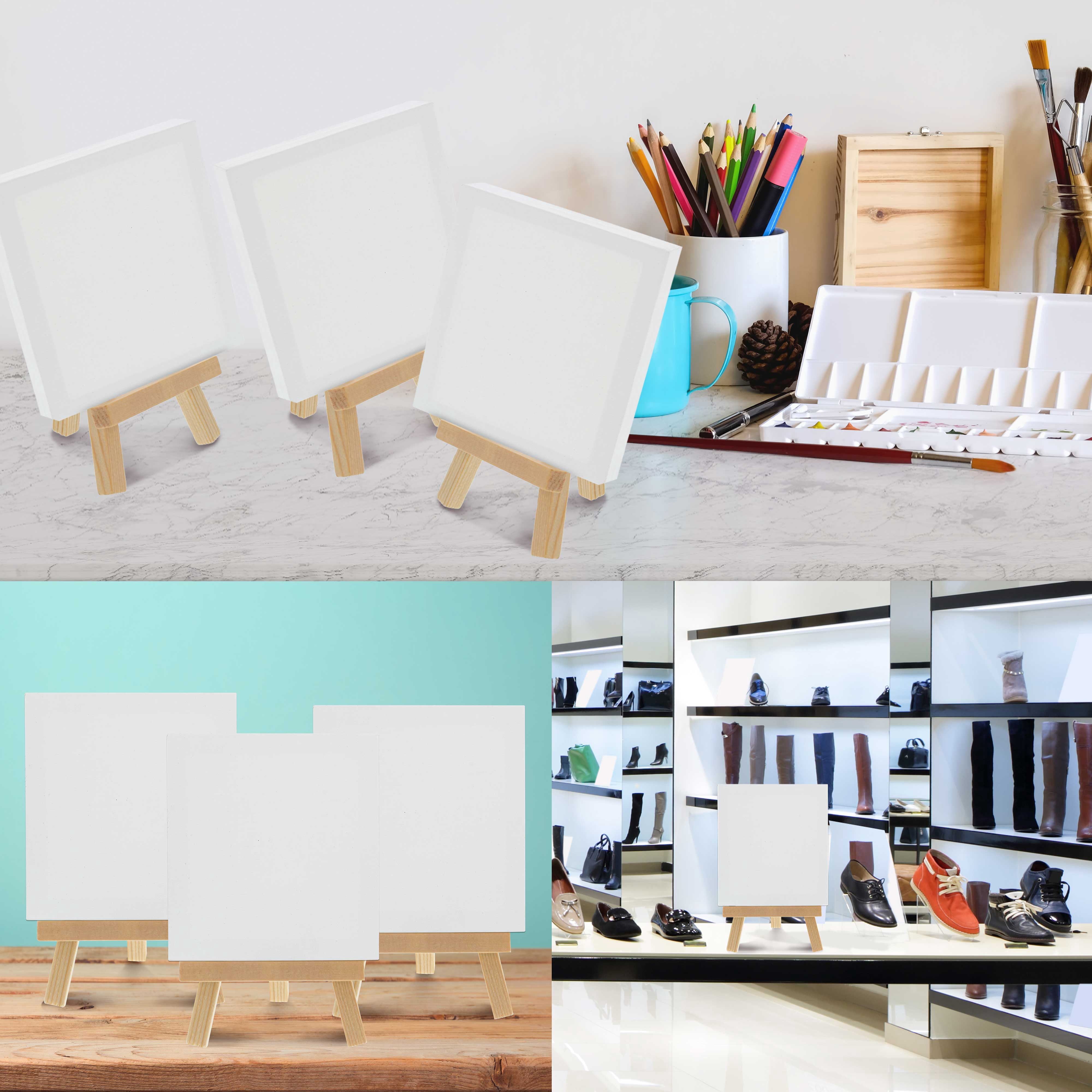 12 Pack U.S. Art Supply 5" x 5" Stretched Canvas with 8" Mini Natural Wood Display Easel Kit, Artist Tripod Table Stand
