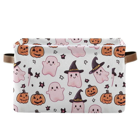 Cute Pink Ghost and Pumpkin Storage Bins with Handle Fabric Organizer Basket Foldable Box 1 Pack 14.2x10.2x8.3