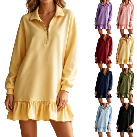 Oksale Shift Dress for Women Trendy Quarter Zipper Ruffle Hem Fall Dresses Cozy Soft Long Sleeve Mini Dress 2026 Light Blue S