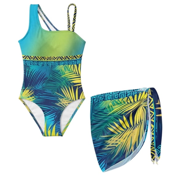 Uourmeti Green Tropical Palm Leaf Swimwear for Girl,7-18 Years Girls One Piece Bathing Suit with Warp Skirt Teenager Girls Athletic Bathing Suit Set for Beach Water Sport,Pool Party