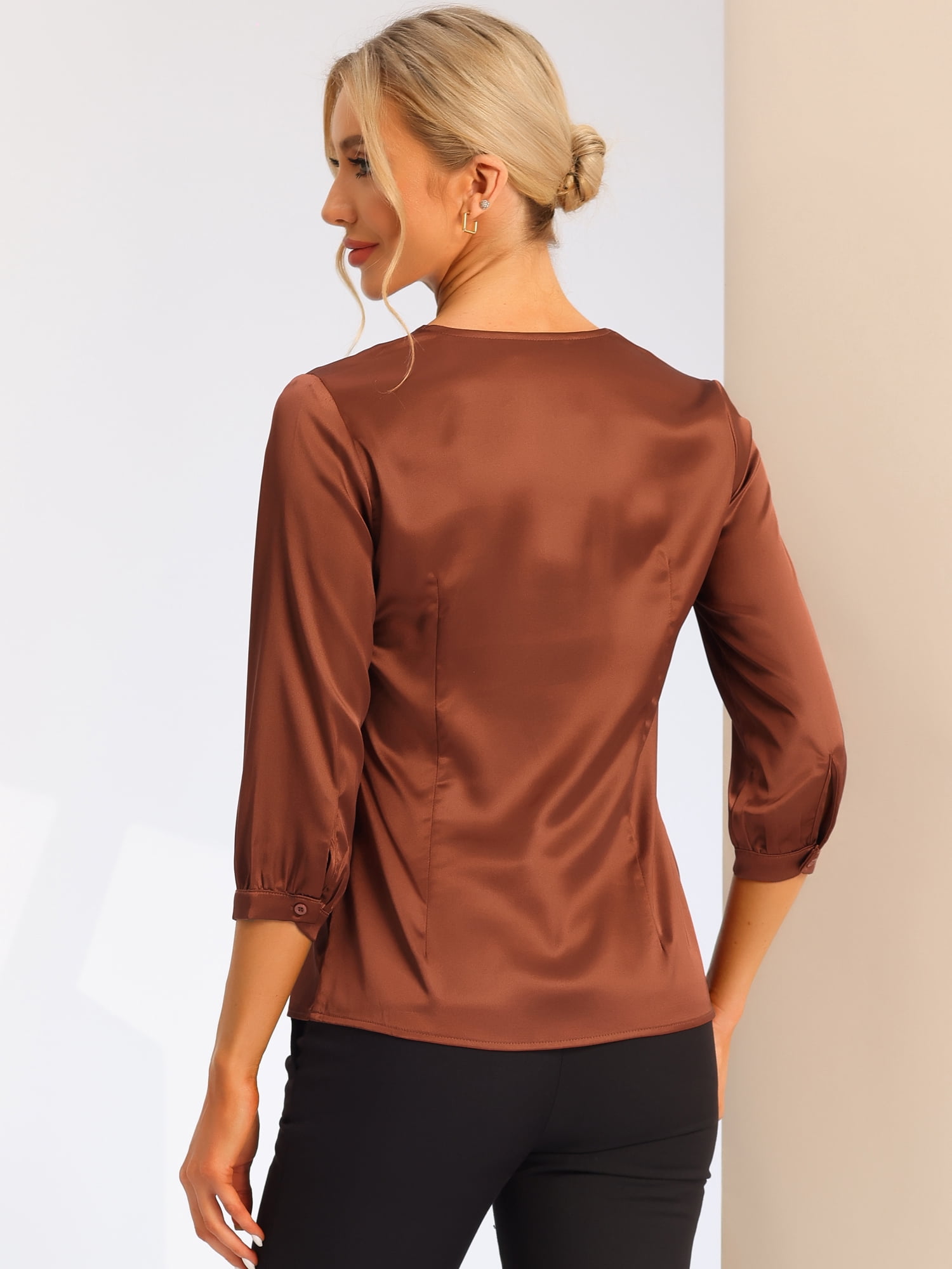 DARING DIVA Women's Satin Blouse Long Sleeve V Neck Top Shirts S Brown