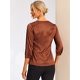 thumbnail image 4 of Blusa de satén para mujer Camisas informales sólidas con cuello en V de manga 3/4 Marrón XS, 4 of 6