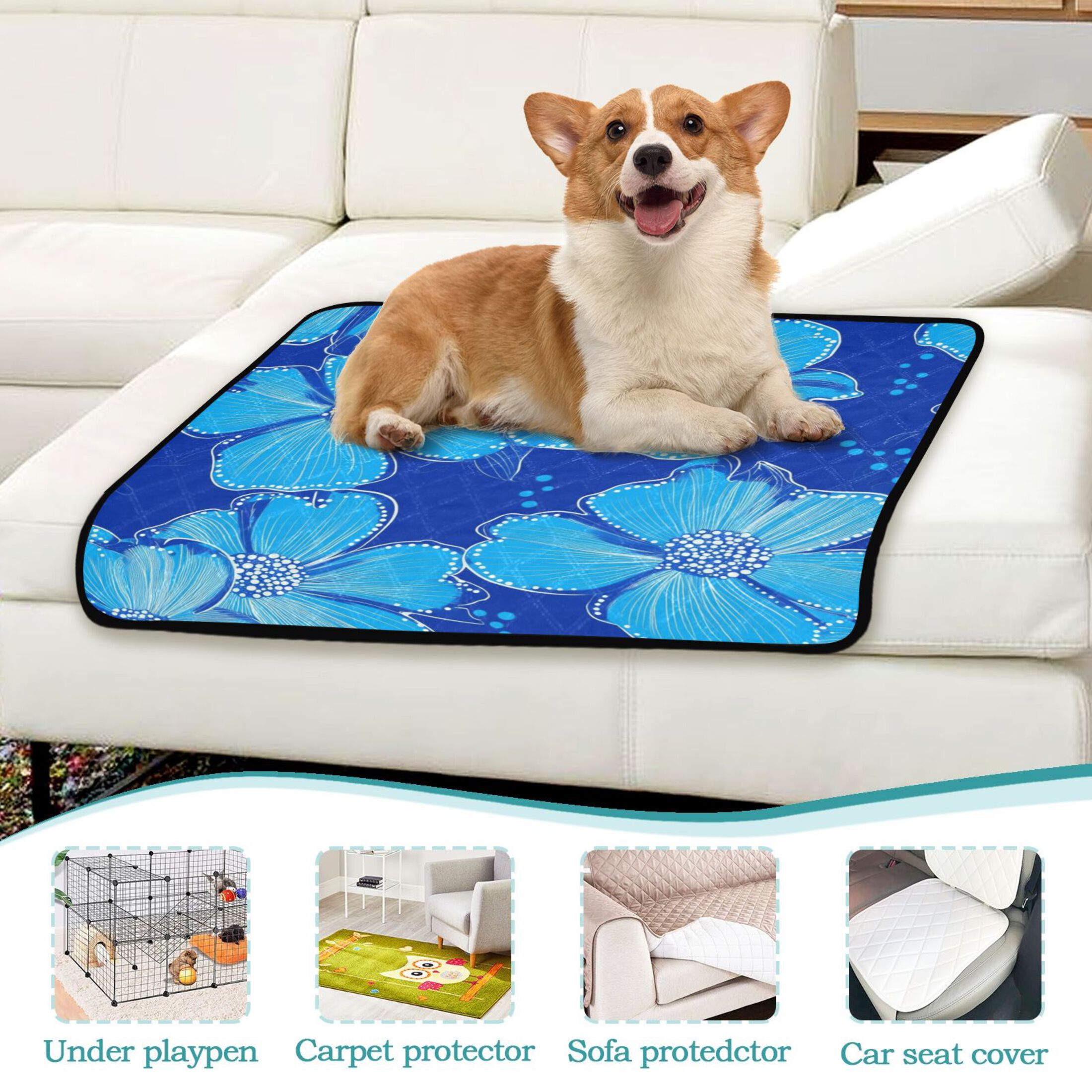 Washable Pet Pee Pads with Super Absorbent Reusable Training Pads for Dogs & Cats Blue Flowers Small Dot Design