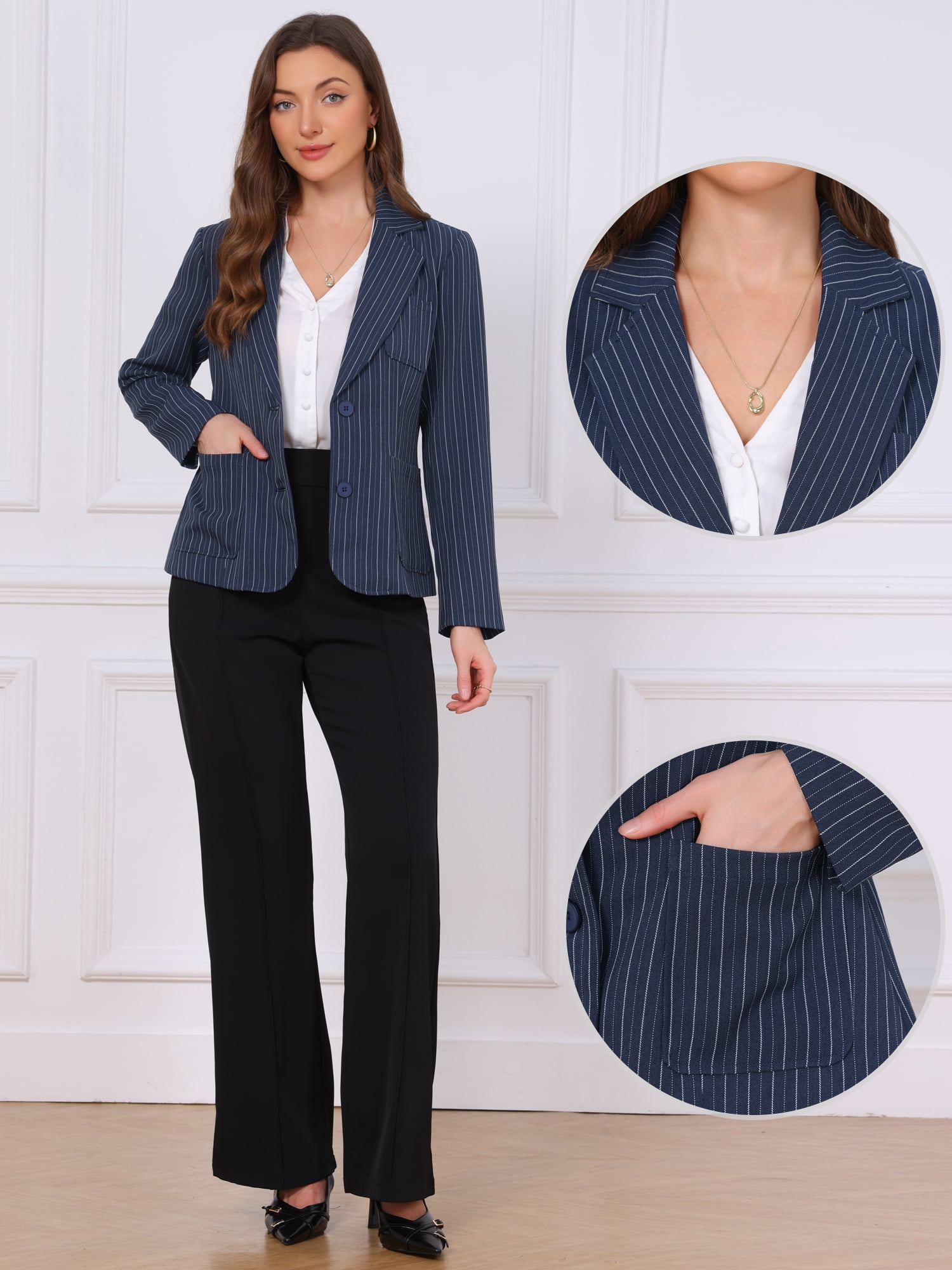 DARING DIVA Women's Pinstripe Blazers Long Sleeve Jacket XL Navy Blue Stripes