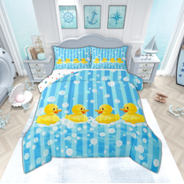Manfei Cartoon Yellow Duck Full Size Comforter Sets for Child, Blue Swimming Pool Bedding Comforter Set, Kawaii Summer Animal Reversible Bedding Sets, Luxury Bedroom Decor, 3 Pieces
