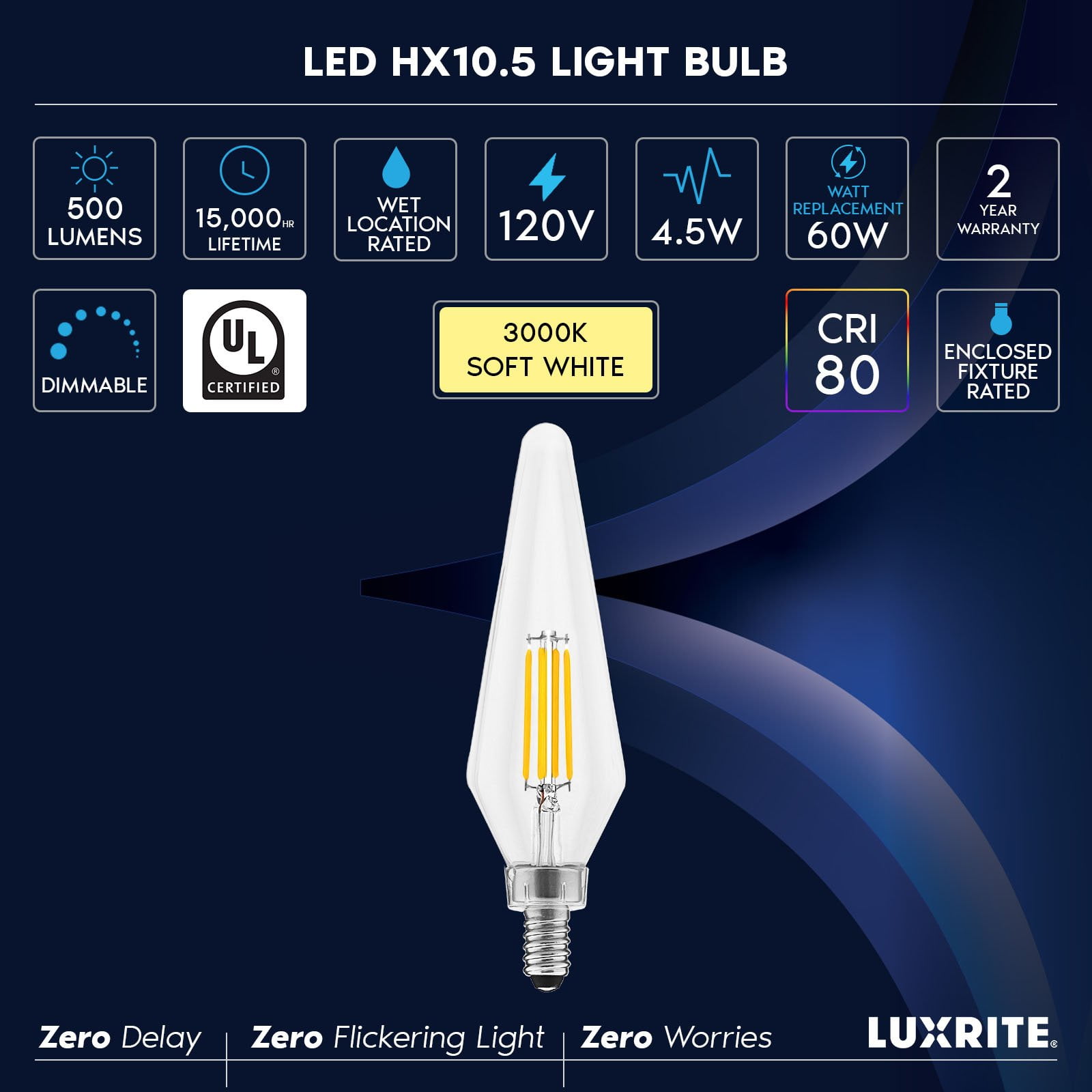 Luxrite E12 Candelabra LED Light Bulbs, 3000K, Dimmable, 4.5W, 500 Lumens, HX10.5 Glass, Wet Rated, UL Listed 12 Pack