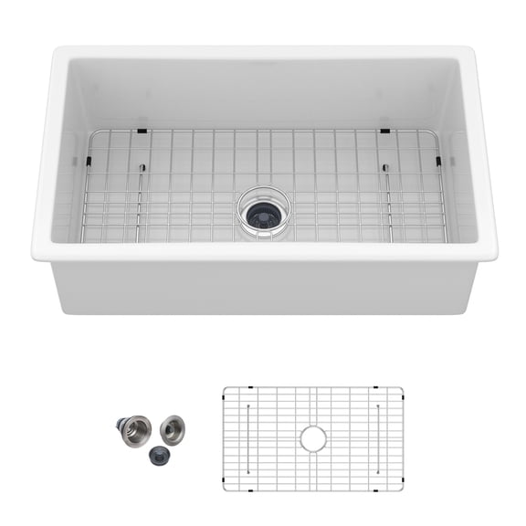 32"x19"x10" Undermount Single Bowl Fireclay Kitchen Sink - Dual Mount White Porcelain Fireclay Rectangular Deep Single Bowl Sink Basin