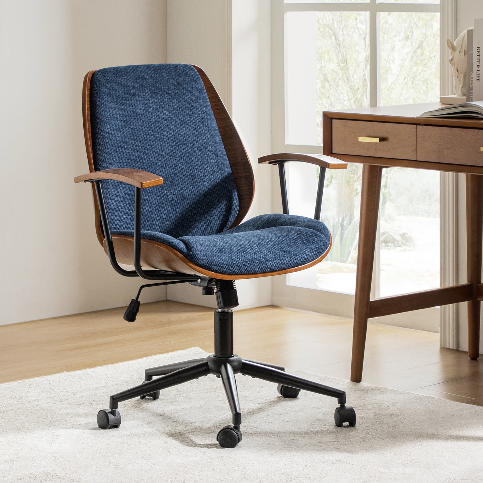 Ergonomic Adjustable Swivel Office Chair with Solid Wood Backrest and Premium Comfort Navy Cushion for Home Workplace