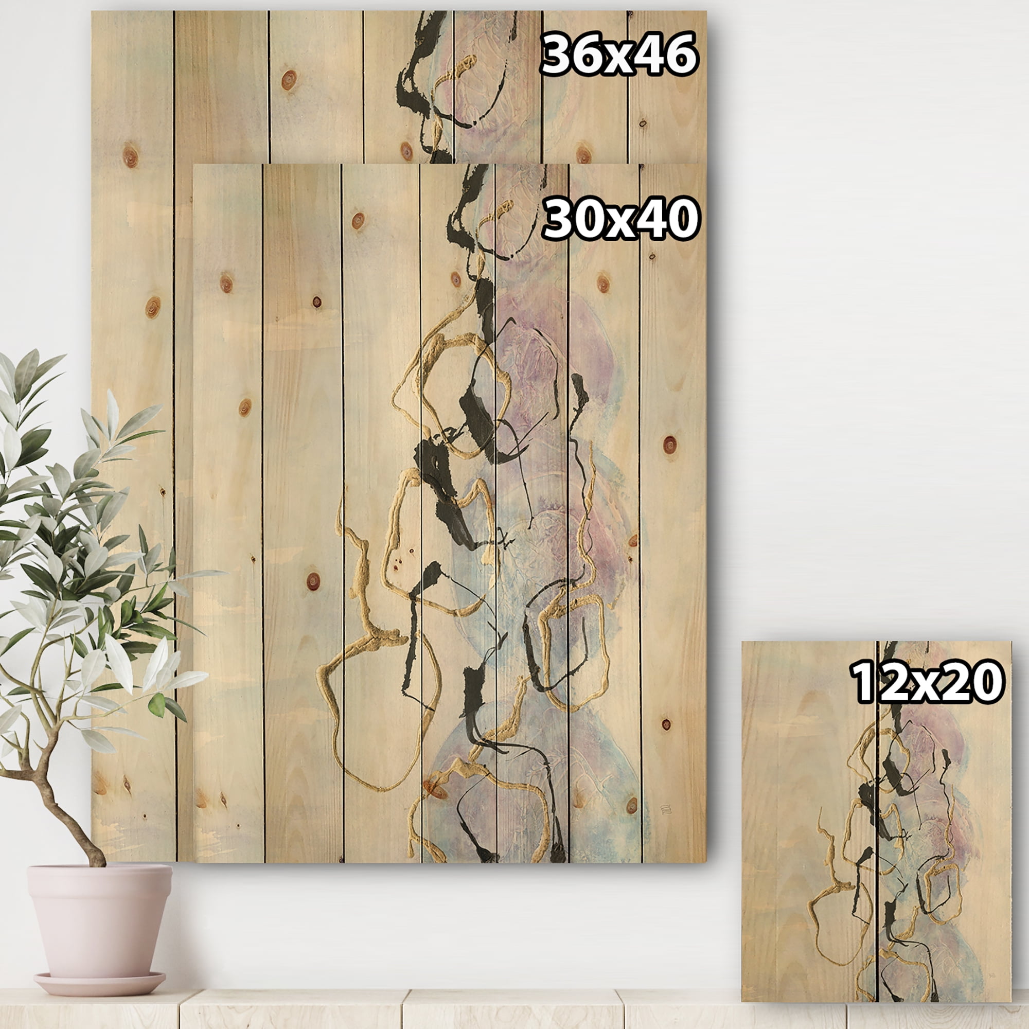 Designart 'Gold Lines on Pastel I' Modern Glam Print on Natural Pine Wood
