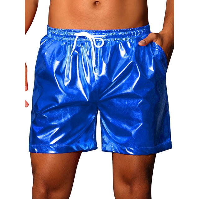 Pantalones cortos metálicos INSPIRE CHIC para hombres con cordón elástico, holográficos, brillantes y llamativos, con bolsillo, 32 azul