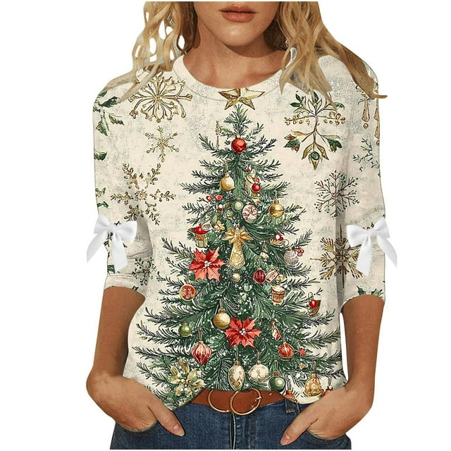 Lcziwo Womens 3/4 Length Sleeve Tops Round Neck Christmas Holiday Shirts Funny Christmas Tree Print Loose Blouses 2025 Fal Fashion Casual Tees Khaki,M