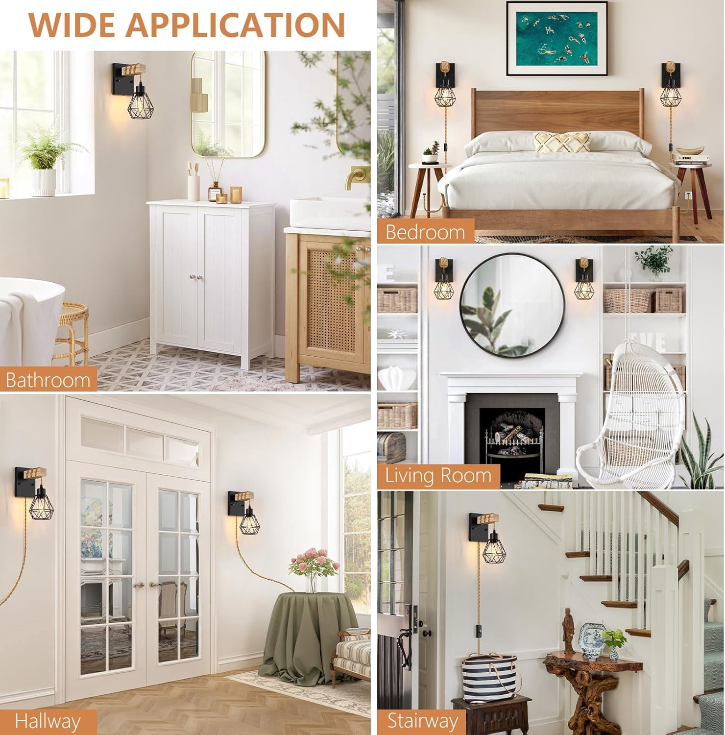 Plug in Wall Sconces Set of Two, Vintage Wood Wall Lamps with Plug in Cord, Farmhouse Wall Light Fixture with 5.25FT On/Off Switch Cord, Indoor Sconces Lighting for Bedroom Living Room