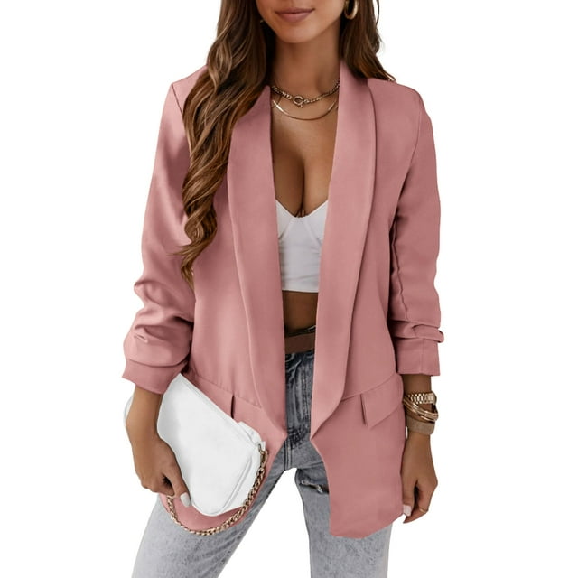 Blazer PRETTYGARDEN para mujer, manga larga, solapa abierta en la parte delantera, rosa