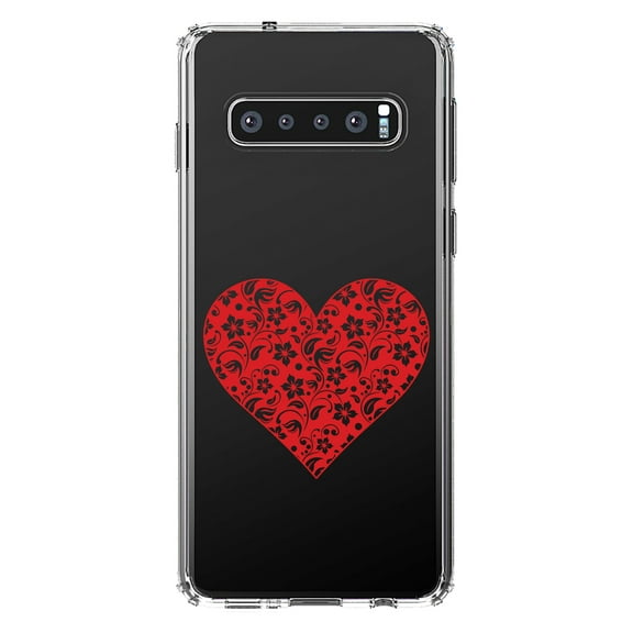 DistinctInk Clear Shockproof Hybrid Case for Samsung Galaxy S10  PLUS (6.4" Screen) - TPU Bumper Acrylic Back Tempered Glass Screen Protector - Red Floral Heart Clear