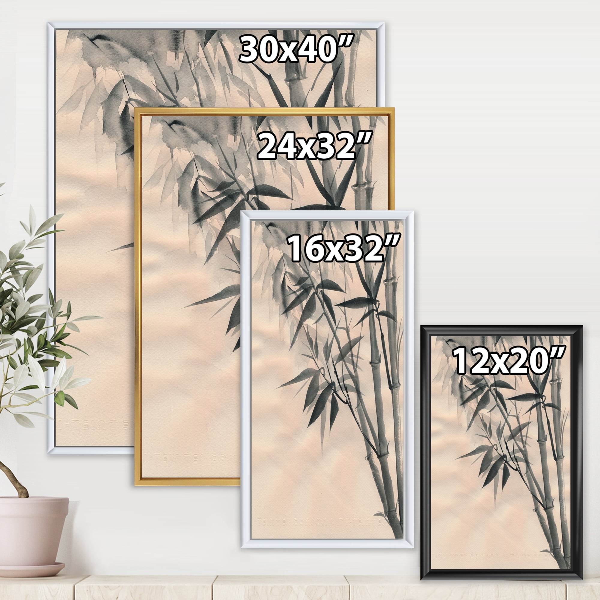 Vintage Black and White Bamboo I 24 in x 32 in Framed Painting Canvas Art Print, by Designart