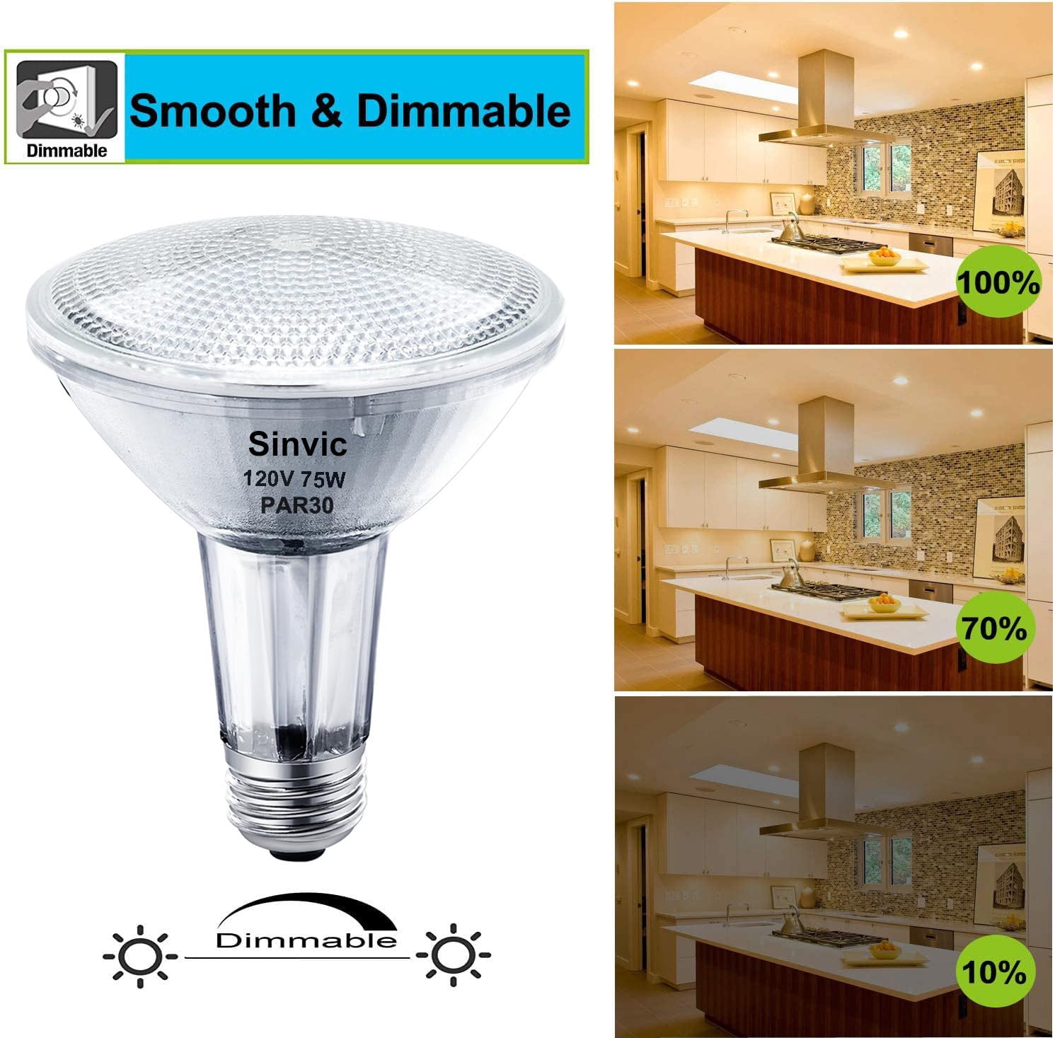 6PCS Sinvic Dimmable PAR30 Long Neck (PAR30L) Halogen Flood Bulbs Light, 75W 120V E26 Base Warm White for Recessed