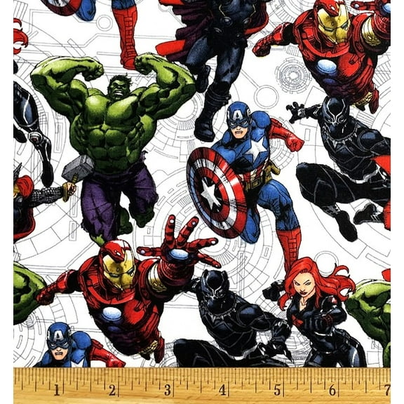 1 Fat Quarter - Marvel Avengers Super Heros on Light Gray Cotton Fabric - Thor Black Panther Black Widow Captain America - 21" X 18"