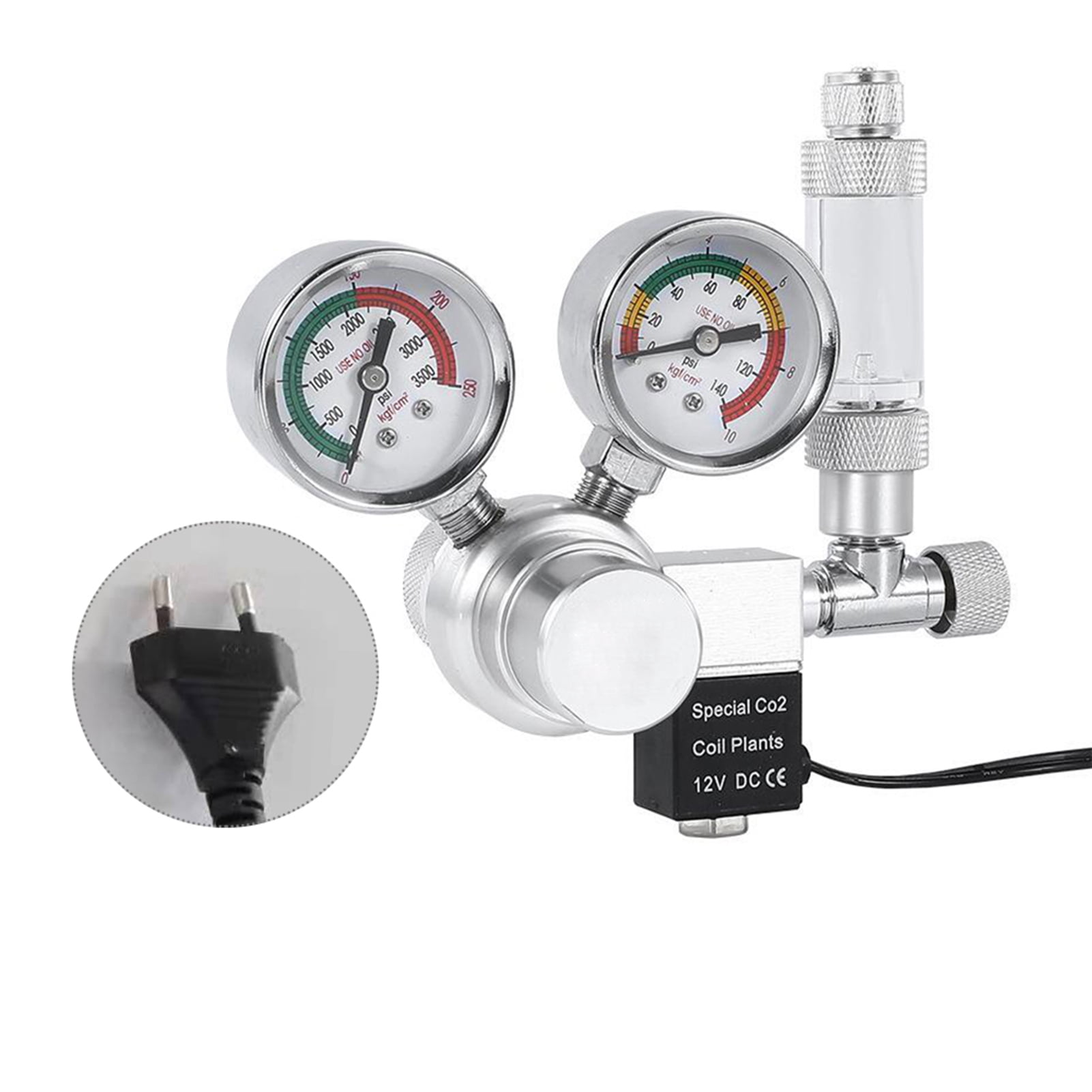 NFTIGB Aquarium CO2 Regulator Kit W21.8 Interface with Solenoid Valve Large Double Pressure Gauge Bubble Counter and Check Valve for Planted Tanks Silver EU Plug 9.45 inches / 24 cm