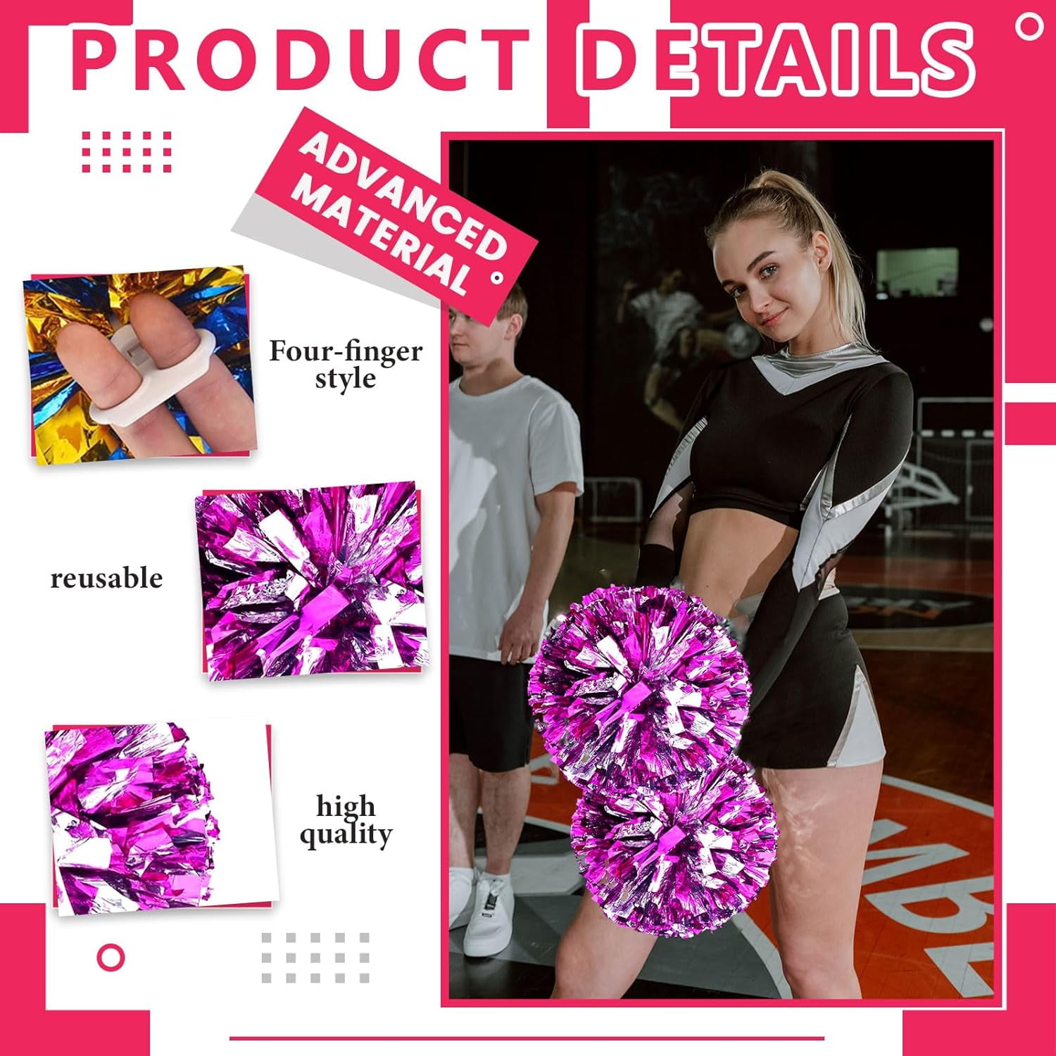 Cheerleader Pom Poms 24 Pack Sports Dance Cheering Plastic Metallic Cheerleading Pom Poms for Kids Adults-Ring Style