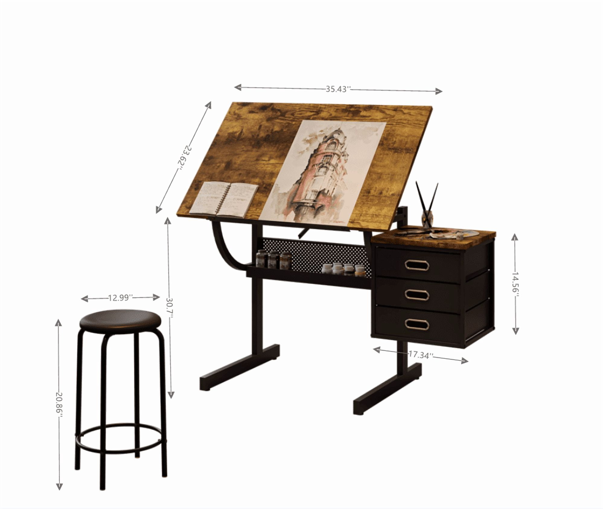 Adjustable Drafting Drawing Table with Stool & 3 Storage Drawers, 0–75° Tiltable E1 MDF Art Craft Desk with Powder-Coated Steel Frame for Painting Design Office Study