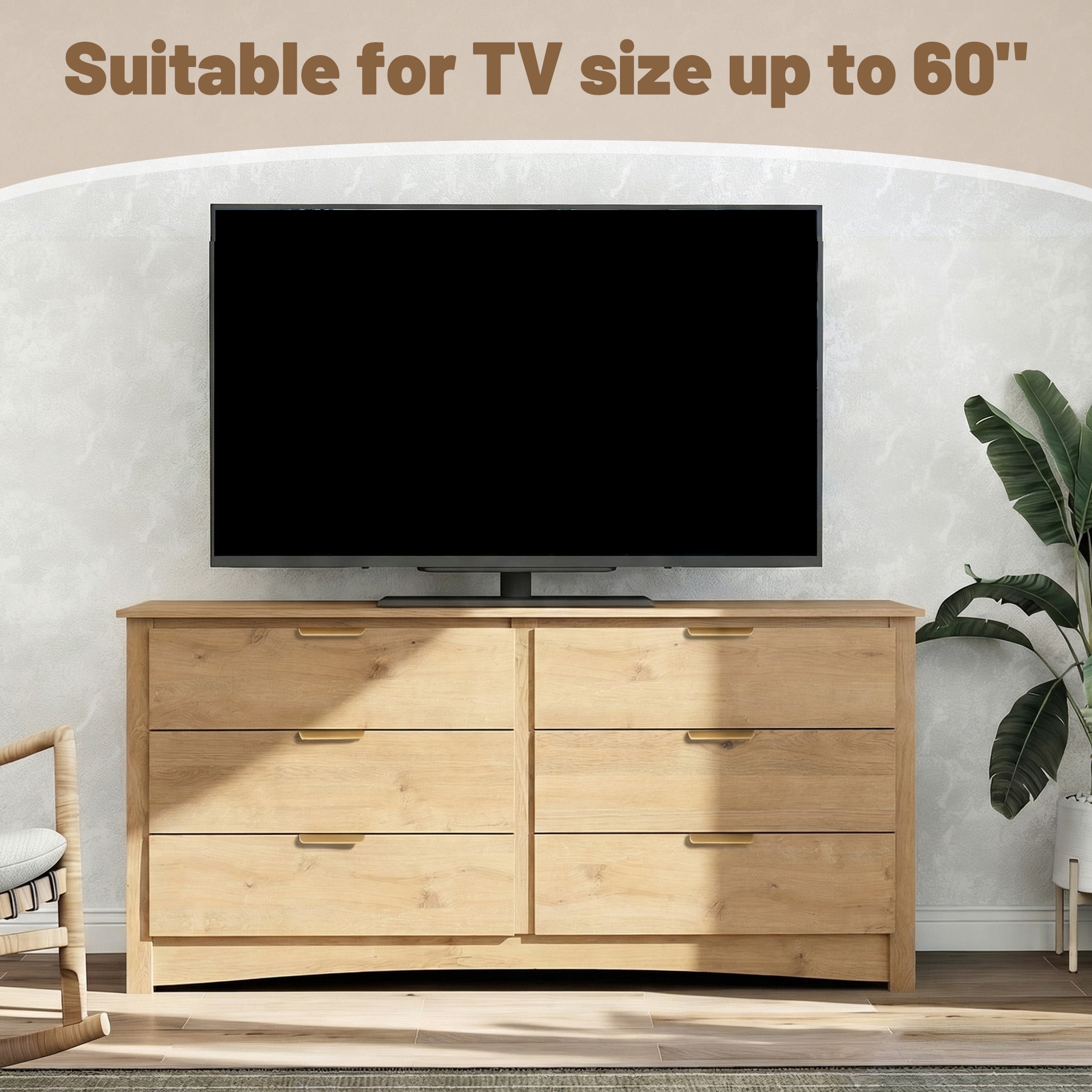 edx 59in Wood Dresser 6 Drawer, Brown Storage Cabinet, Vintage Dresser, Chest of Drawers for Bedroom and Living Room, Wood