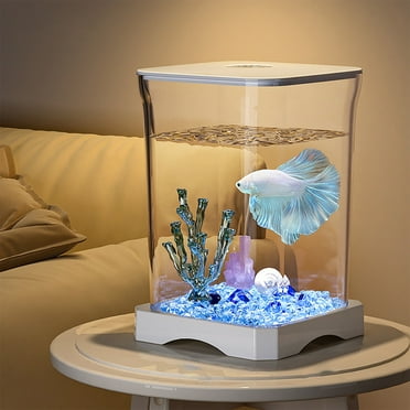 Aquarium Starter Kit Small Glass Betta Fish Tank Desktop Mini Fish Bowl for Shrimp Goldfish with Filter Pump LED Light(White)