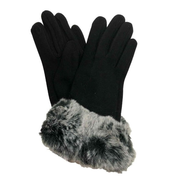 Womens Black & Silver Faux Fur Stretch Fit Texting & Tech Touchscreen Gloves