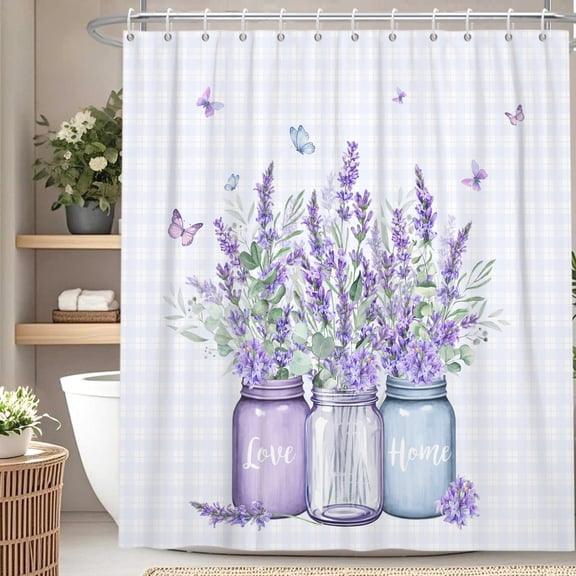 Spring Lavender Shower Curtain Purple Floral with Butterfly Bath Curtain for Bathroom Decor with Hooks 72x72 in