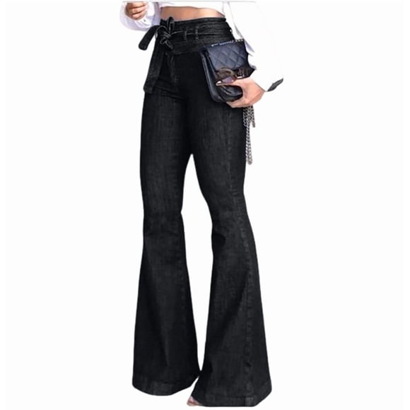 Womens Denim Pants High Waist Boot Cut Trousers Skinny Bell Bottom Mom Jeans Black XXL