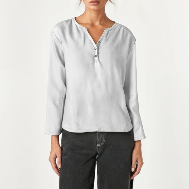 MHFRRA Camiseta Informal de Manga Larga con Cuello En V y Estampado Liso Gris Claro