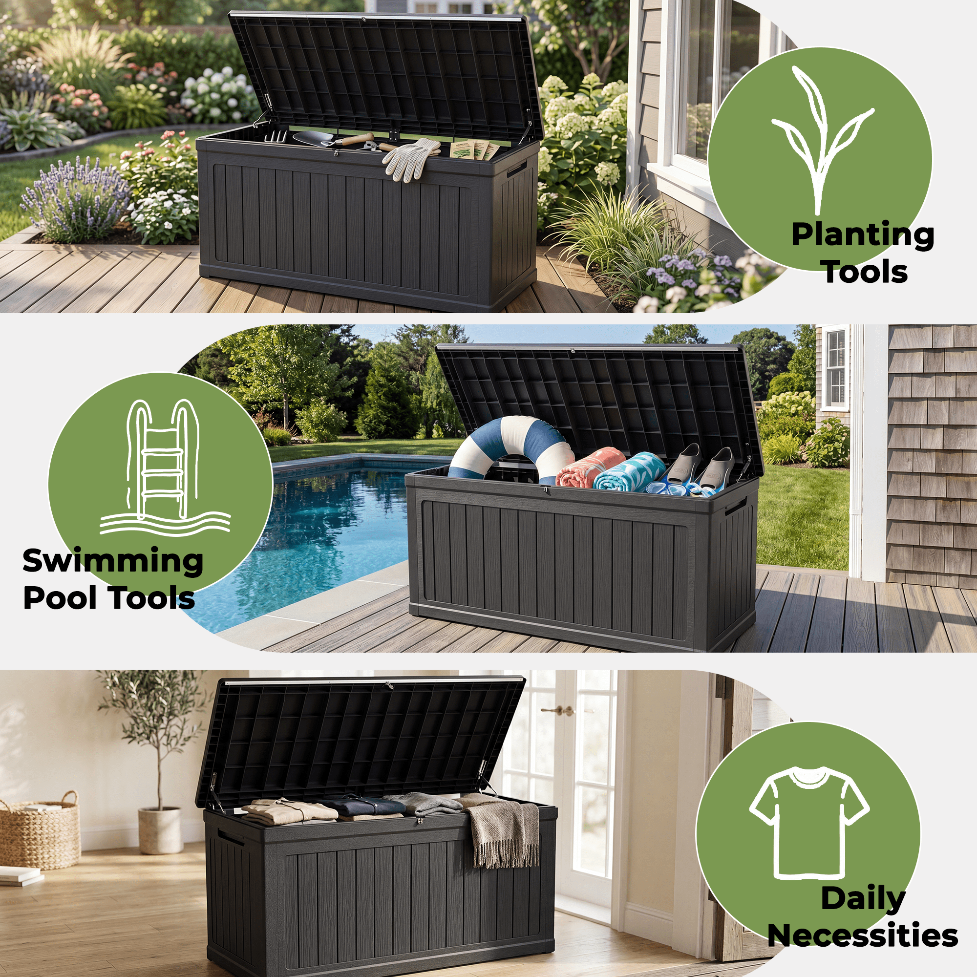 Alvantor Outdoor Storage Box Waterproof Resin Lockable Patio Deck Box Black, 260 Gallon