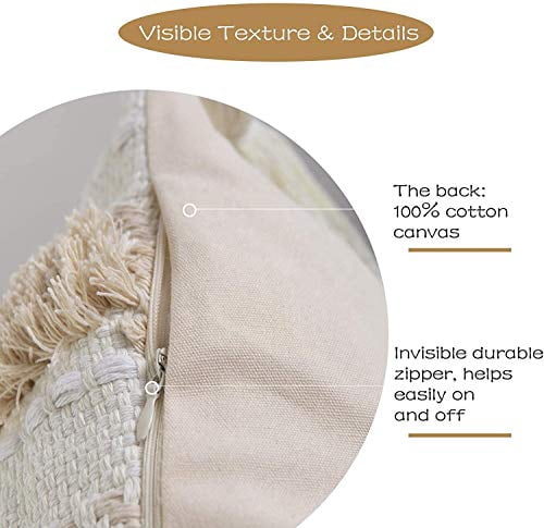 Fennco Styles Handmade Tufted Woven Tassel Decorative Throw Pillow Cover 20" W x 20" L - White Boho Cushion Case for Home, Couch, Living Room, Bedroom, Office Décor