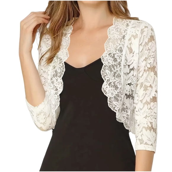 yoeyez Light Cardigans for Women Summer,Women's Floral Lace Bolero Shrug 3/4 Length Sleeve Sheer Crochet Cropped Cardigan White,2XL